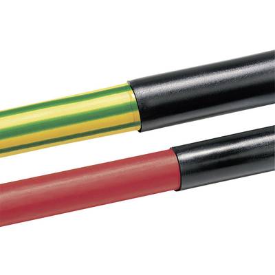 Twee geïsoleerde elektrische kabels, een met geel-groene strepen, de andere in het rood, symboliseren aarding en positieve polariteit.