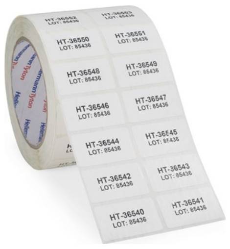 Een rol met etiketten waarop 'HT-36540 LOT: 85436' staat. Elk etiket toont vergelijkbare nummers met verschillende serienummers.