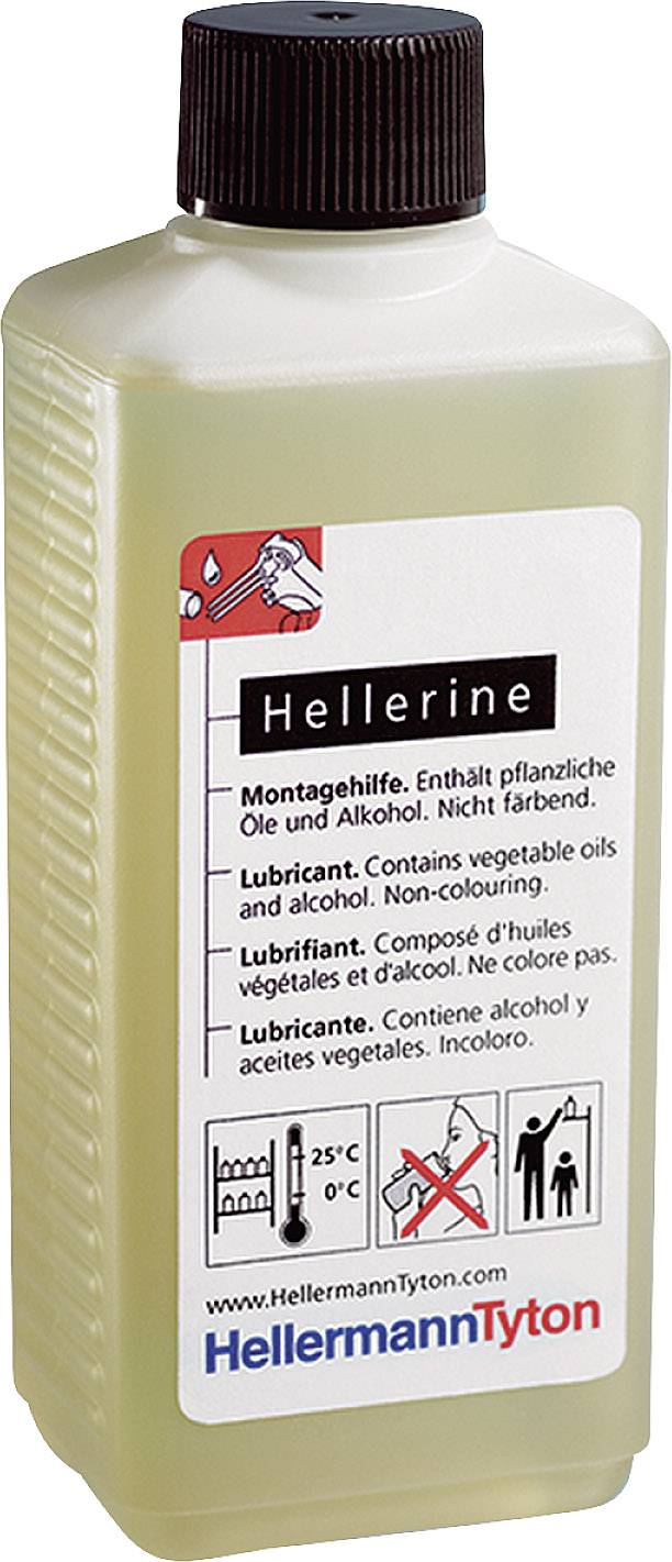 Fles met smeermiddel 'Hellerine' van HellermannTyton, bevat plantaardige oliën en alcohol, kleurloos. Geschikt voor montage-werkzaamheden.