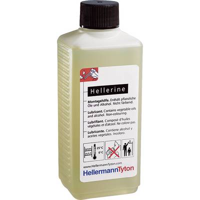 Fles met smeermiddel 'Hellerine' van HellermannTyton, bevat plantaardige oliën en alcohol, kleurloos. Geschikt voor montage-werkzaamheden.