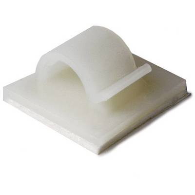 Een witte kunststof kabelclip met zelfklevende voet, gezien van bovenaf. Geschikt voor het bevestigen van kabels op gladde oppervlakken.
