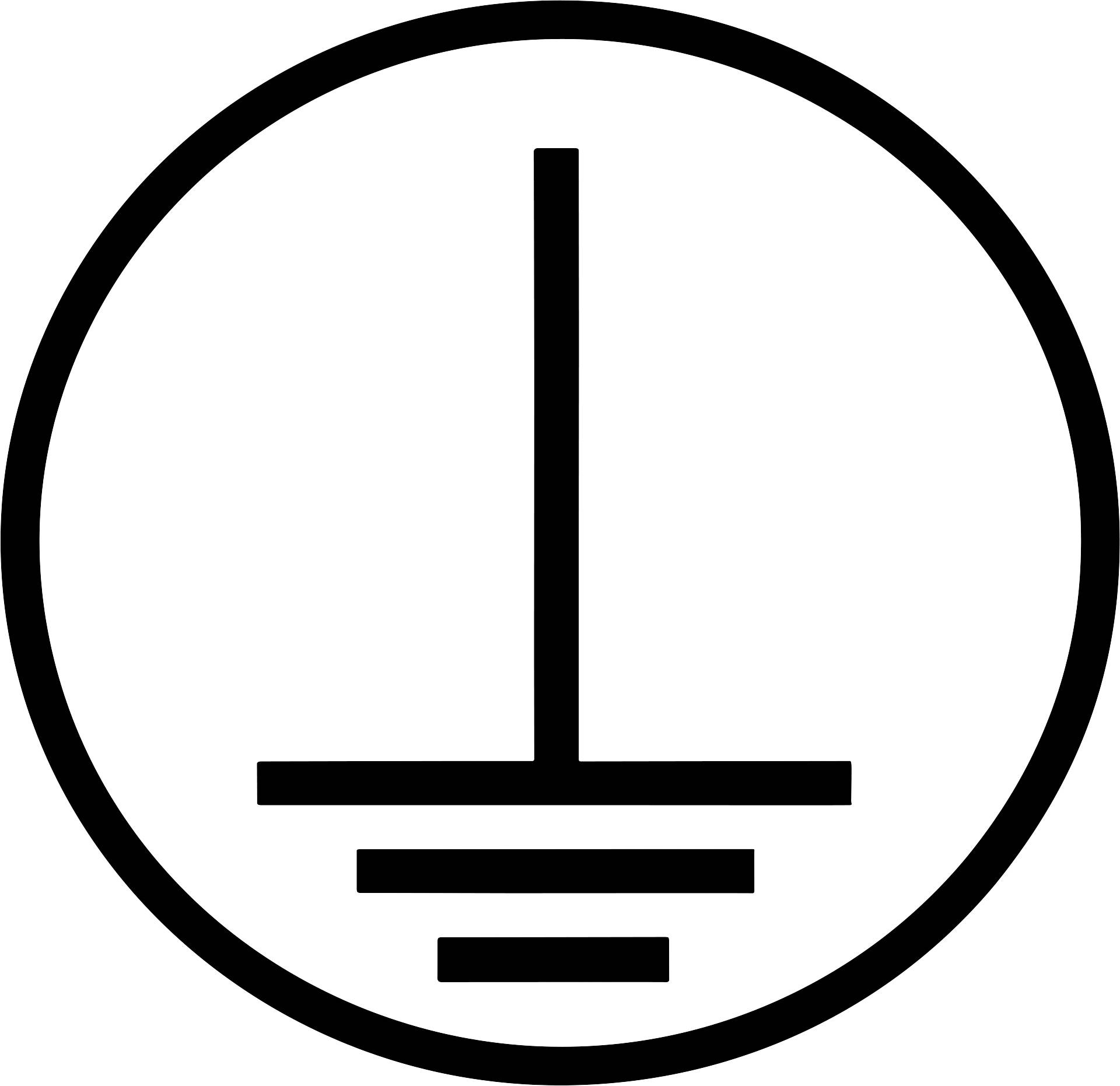 Een cirkel bevat een symbool voor aarding: een verticale lijn die drie horizontale lijnen doorsnijdt, die de aarde voorstellen.