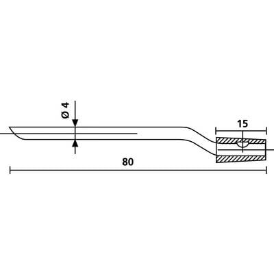 Technische tekening van een gehoekte staaf met afmetingen: Totale lengte 80, diameter 4, en een uiteinde met een breedte van 15 mm.