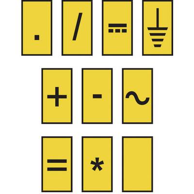 Gele borden met elektrische symbolen: Punt, Slash, Aarding, Plus, Min, Wisselstroom, Gelijkheid, Ster.