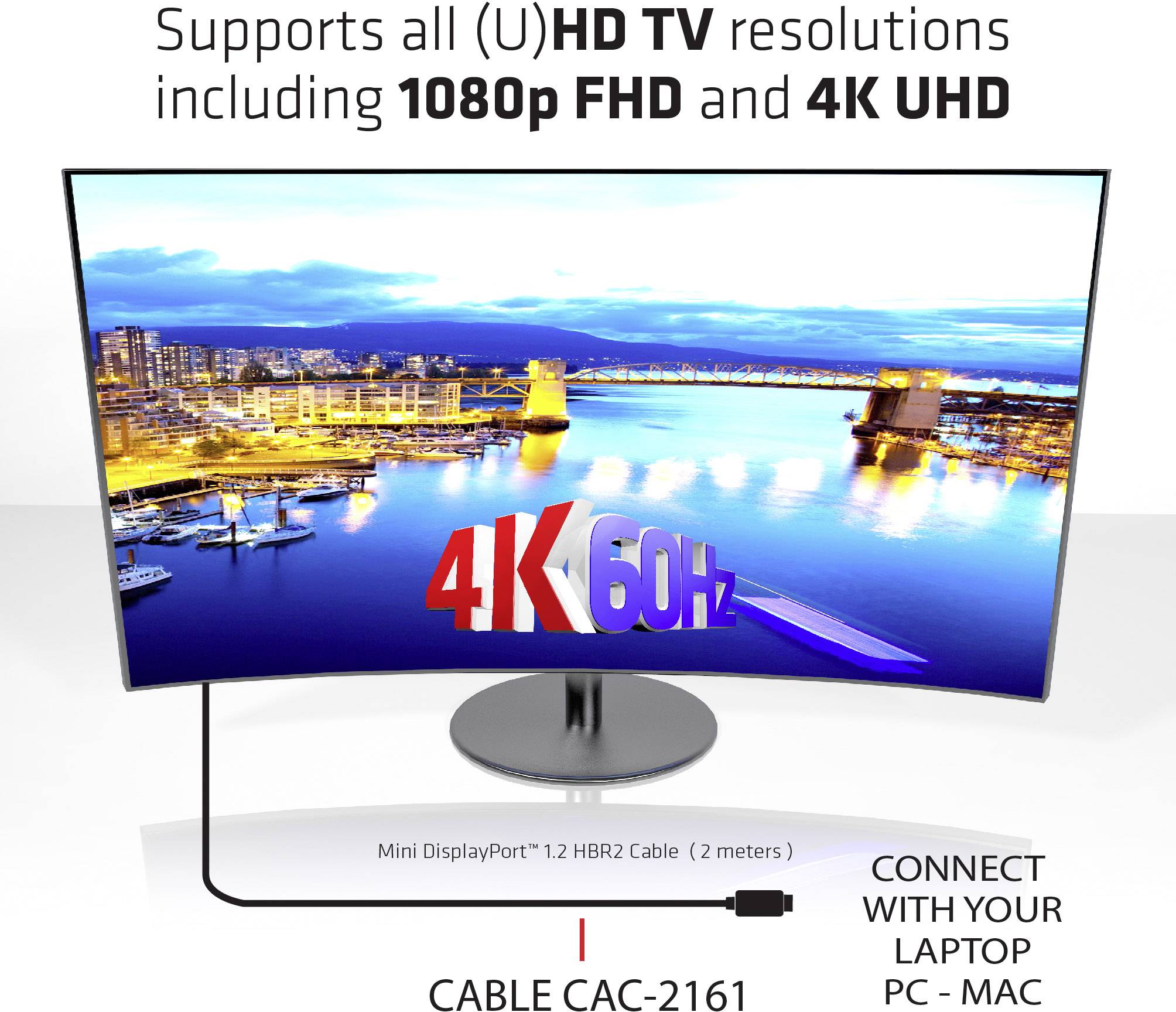 Een monitor toont een stadsgezicht. Tekst bovenaan: 'Ondersteunt alle (U)HD-tv-resoluties inclusief 1080p FHD en 4K UHD'.