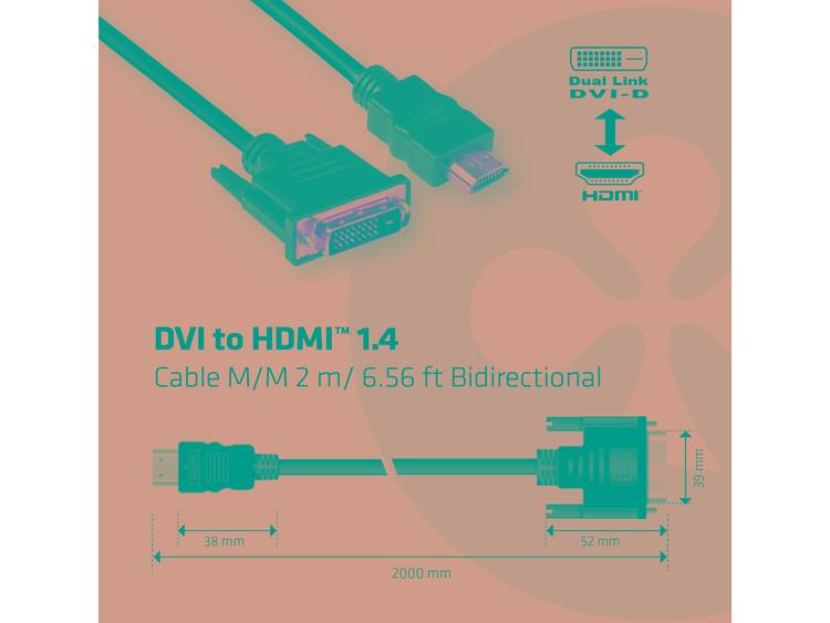 CLUB3D DVI to HDMI 1.4 Cable M-M 2 meter Bidirectional