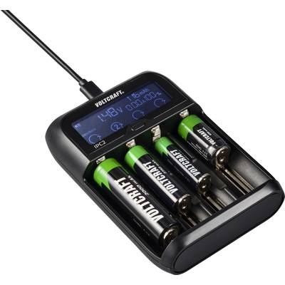 Een batterijlader laadt vier AA-batterijen. Het display toont '1.47V 000:00h', de spanning en tijd.
