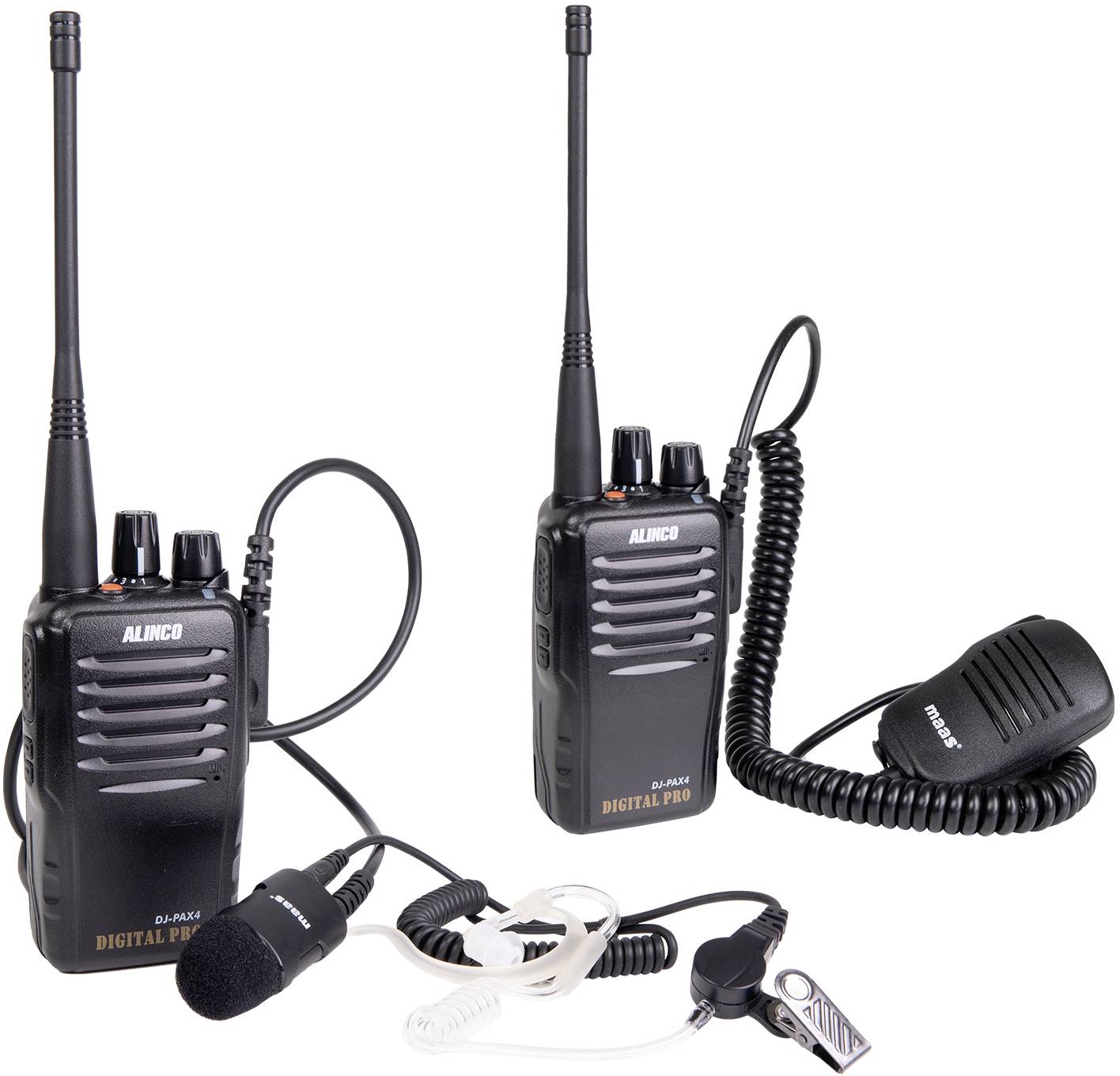 Twee handheld portofoons met microfoons en kabels. Ze zijn zwart en dragen het opschrift 'ALINCO DIGITAL PRO'.