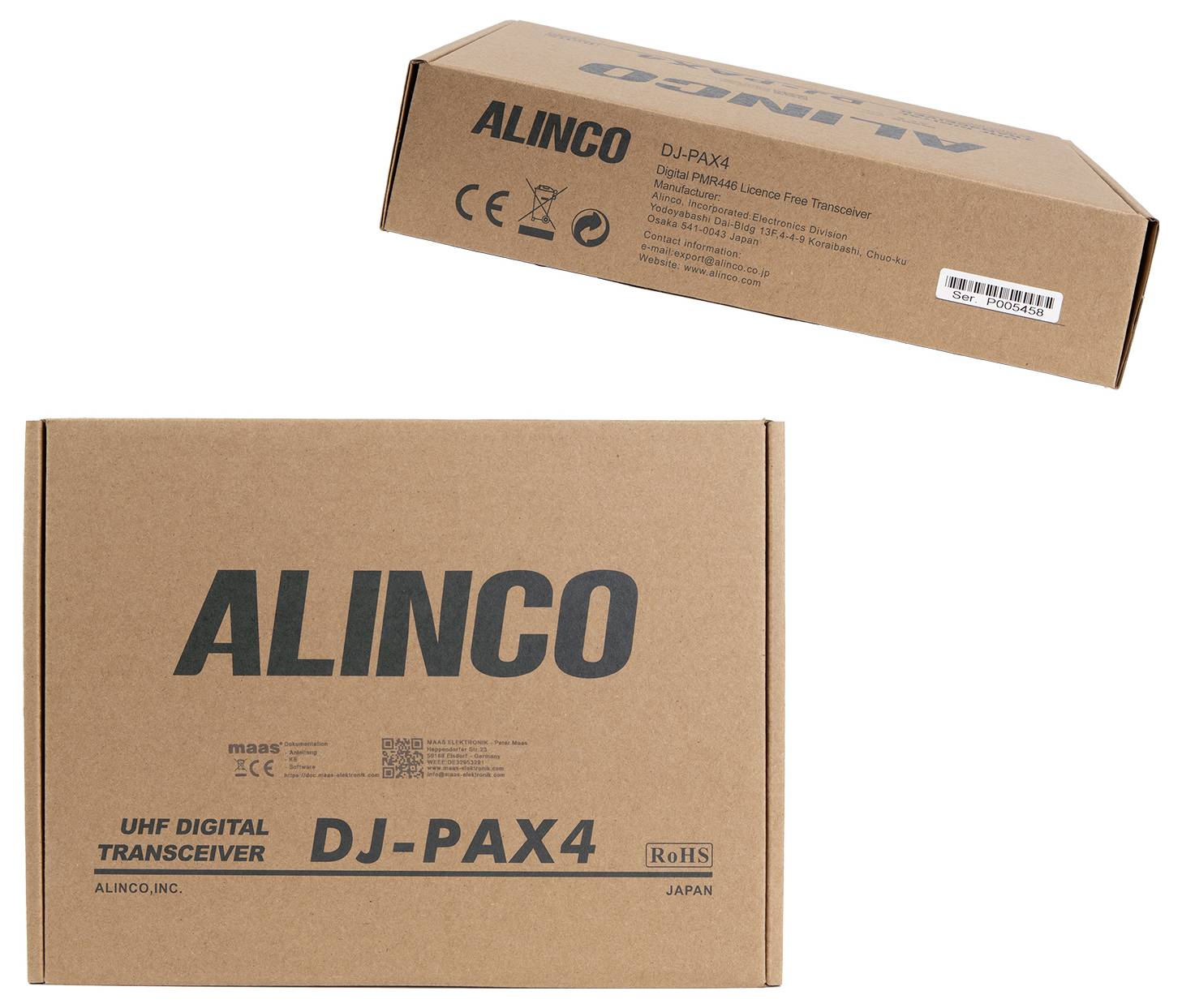 Kartonnen doos met opschrift 'ALINCO DJ-PAX4 UHF Digitale Transceiver'. Bevat logo's voor CE en RoHS.