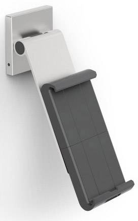 Een grijze, verstelbare telefoonhouder voor wandmontage, geschikt voor het veilig vasthouden van smartphones.