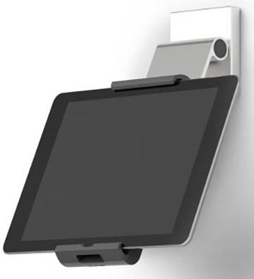 Tablet aan een wandsteun bevestigd, licht schuin naar beneden gericht. Geschikt voor presentaties of interactieve displays.