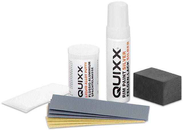 Reparatieset voor velgen met plamuur, zilverachtige lak, schuurblokken en doeken, ideaal voor het herstellen van krassen en beschadigingen.