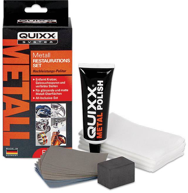 'QUIXX Metal Polish': Set voor metaalrestauratie met polijstmiddel, schuurpads en doek. Verwijdert krassen en reinigt metalen oppervlakken.