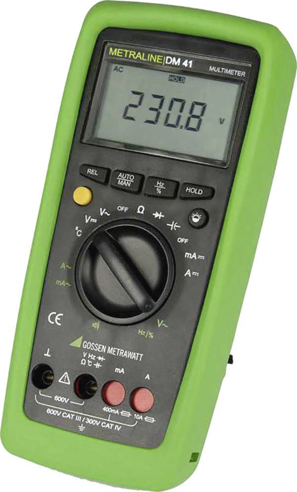 Groene multimeter toont een spanning van 230,8 volt. Het apparaat heeft verschillende meetinstellingen en is geschikt voor elektriciens.