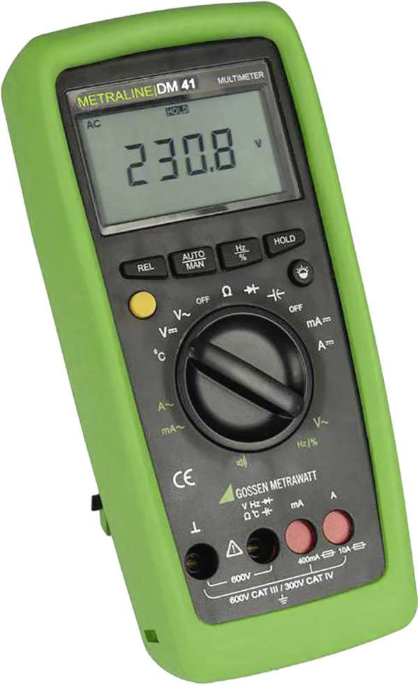 Digitale multimeter met groen behuizing toont '230,8' op het display, omringd door verschillende meetmodi en bedieningselementen.