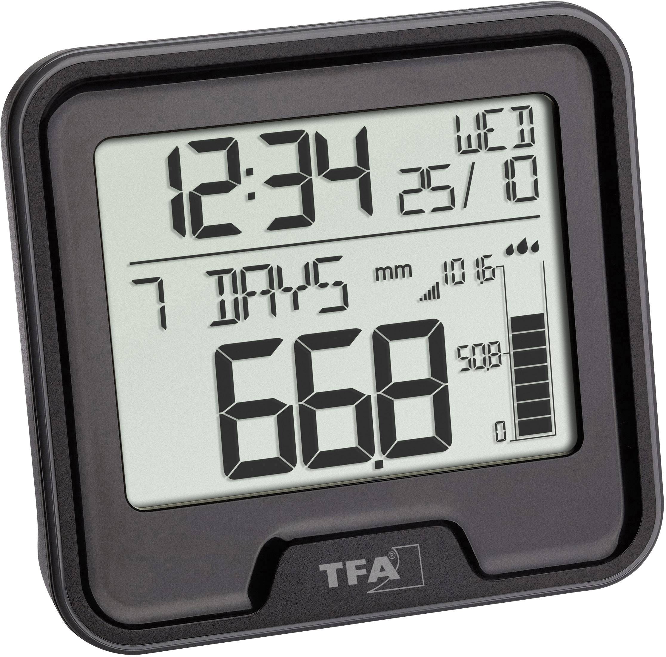 Digitale stopwatch met groot display toont '12:34', 7-dagen telling en andere meetschalen. TFA-logo onderaan.
