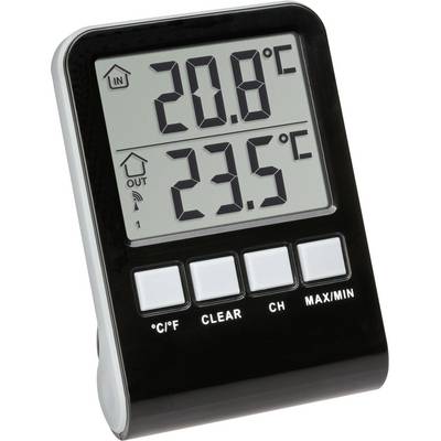 Een digitaal thermometer toont 'IN' 20,8°C en 'OUT' 23,5°C. Het heeft knoppen voor C°/F°, CLEAR, CH en MAX/MIN.