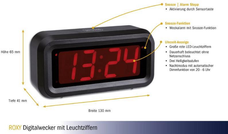 Digitale wekker, rechthoekig, met grote rode LED-display '13:24'. Functies: snooze, alarm stoppen, automatische helderheidsaanpassing. Afmetingen: 130 mm breed, 65 mm hoog, 41 mm diep.