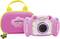 Een roze kindercamera met een gele handgreep en bijpassende draagtas. De camera heeft een groot objectief en is speciaal ontworpen voor kinderen.