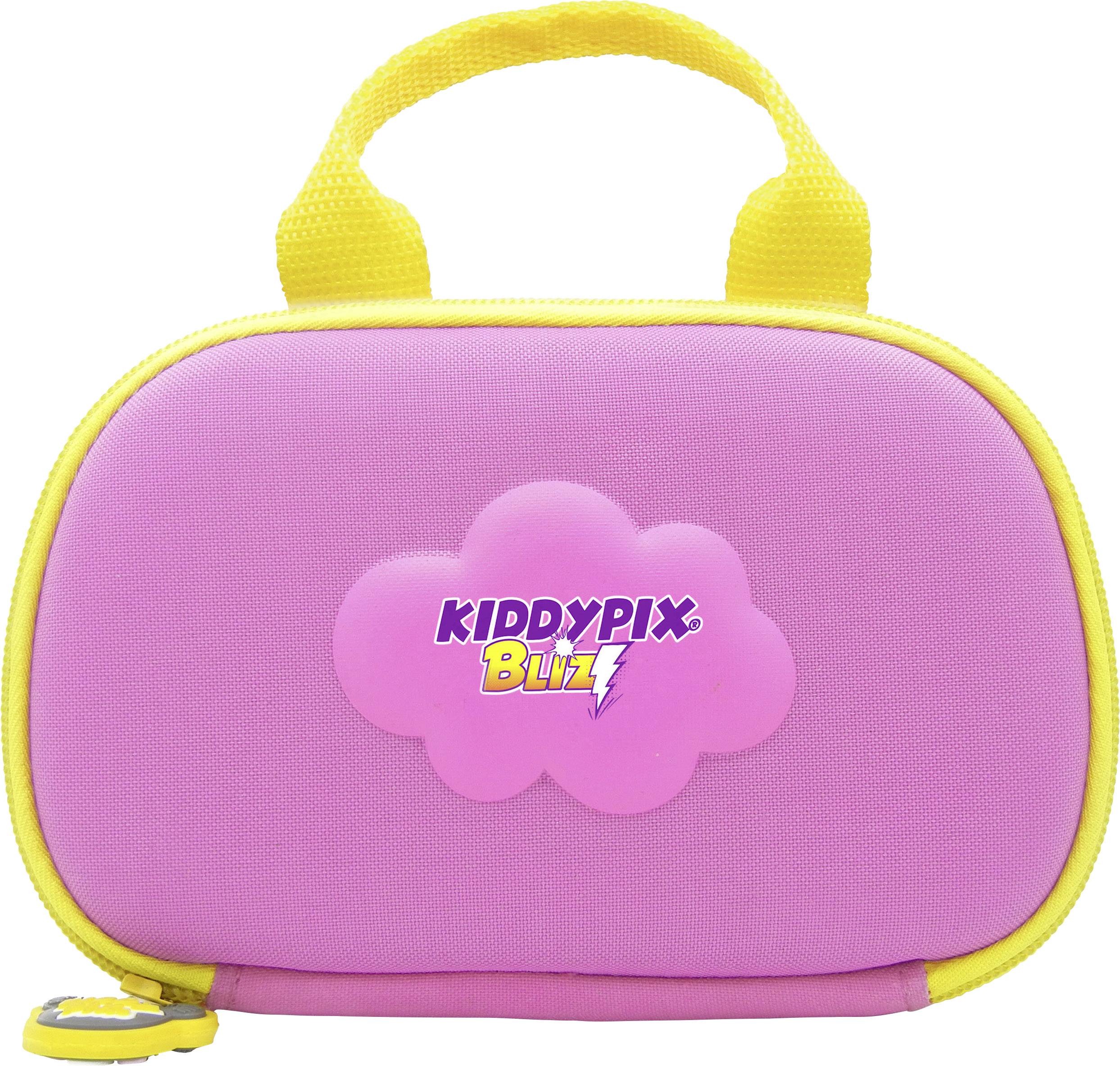 Roze tas met gele handgreep, waarop 'Kiddypix Blitz' staat geschreven op een paarse wolk.