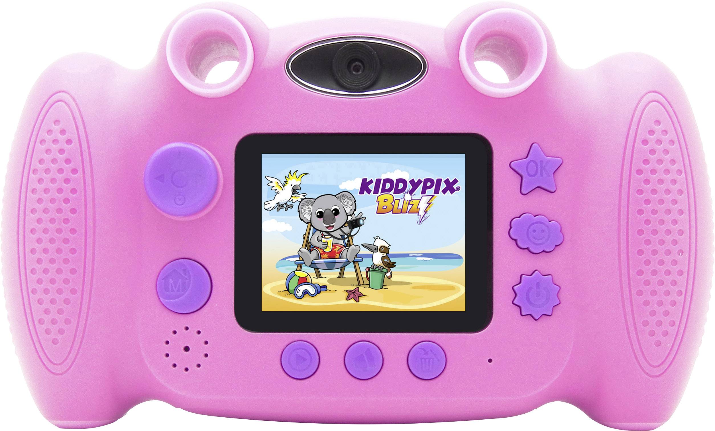 Roze speelgoed camera met display toont een strand afbeelding met een koalabeer. Knoppen aan de zijkant voor bediening.
