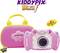 Kindercamera in roze met bloemenmotief, flitsfunctie en selfie-optie. Gele draagtas met 'KiddyPix Blizz' logo.