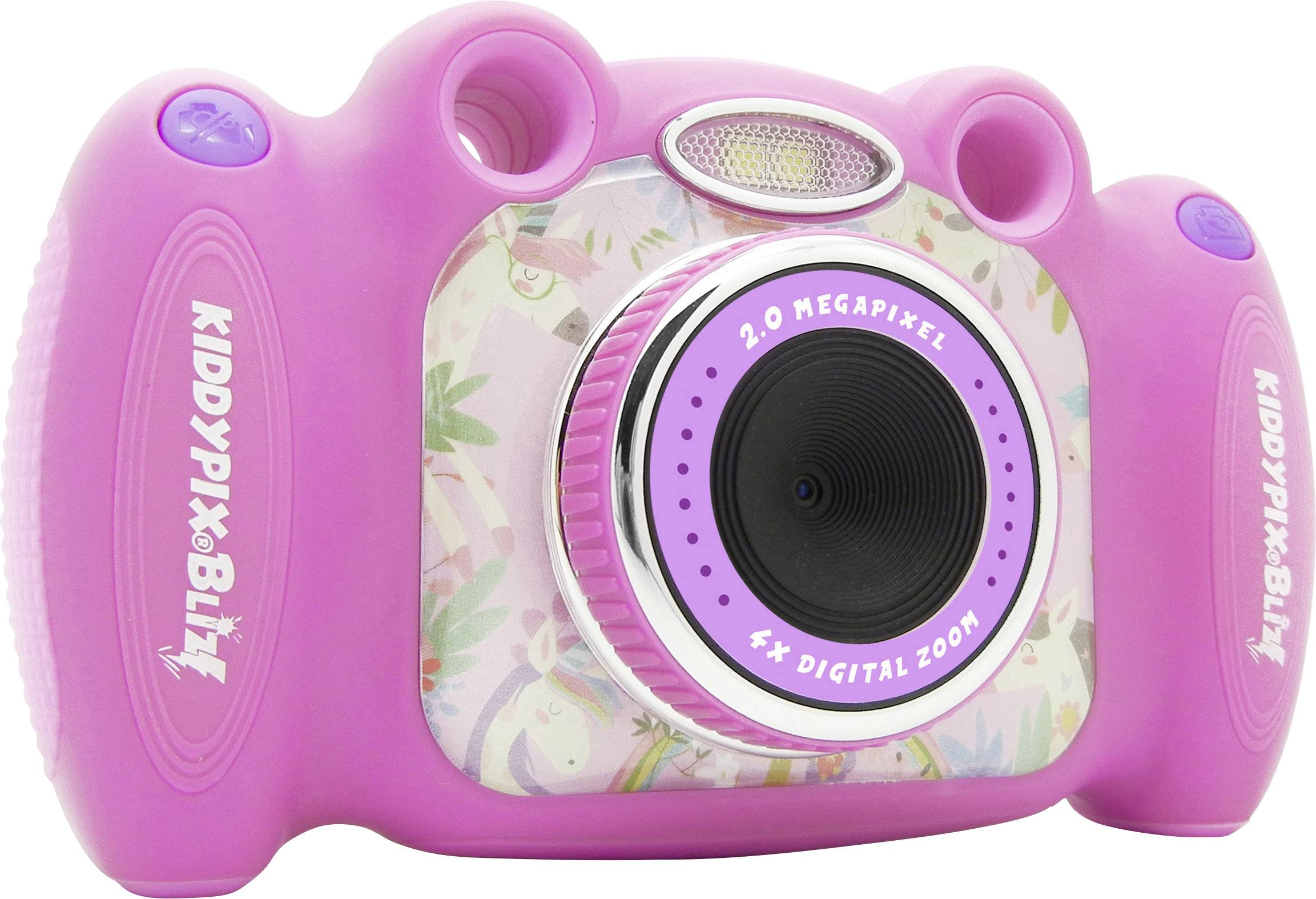 Kindercamera in het roze met een 2-megapixel-lens en 4x digitale zoom, geschikt voor jonge fotografen.