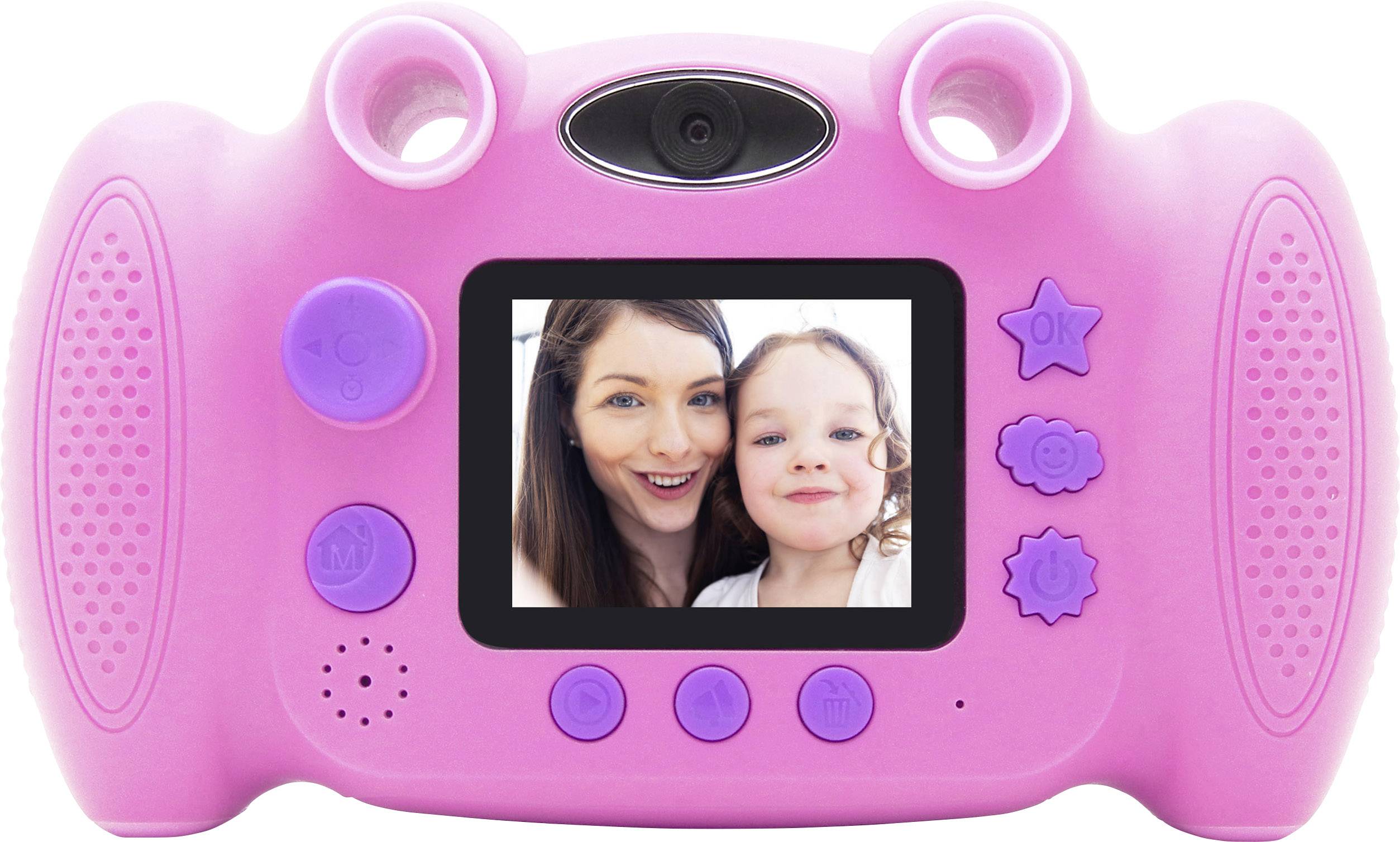 Roze kindercamera met scherm, waarop een vrouw en een kind glimlachen. Camera heeft paarse knoppen en een eenvoudige bediening.