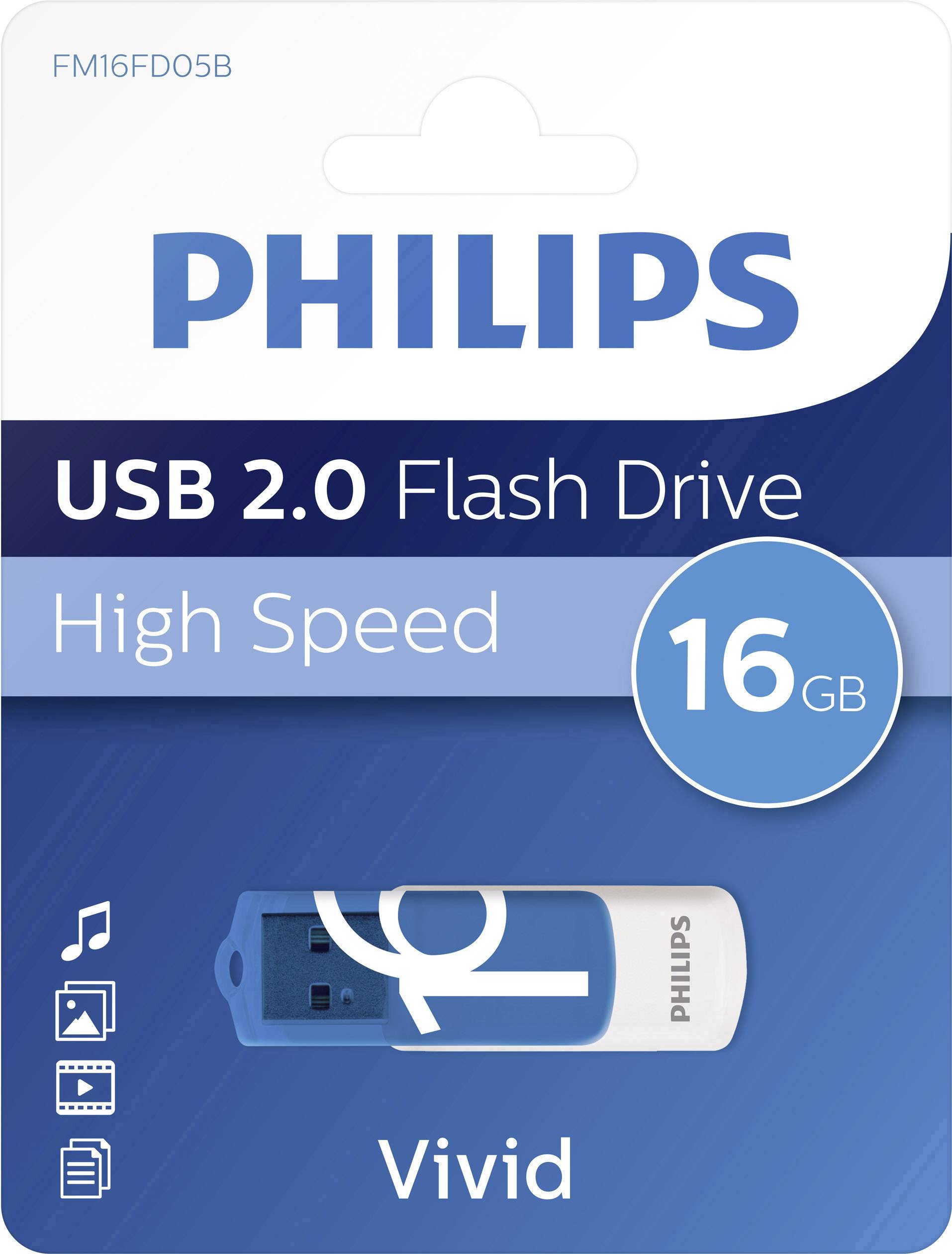 Philips USB 2.0 Flash Drive in verpakking, capaciteit 16 GB, benadrukt hoge snelheid. Afbeelding van de stick op een blauwe achtergrond.