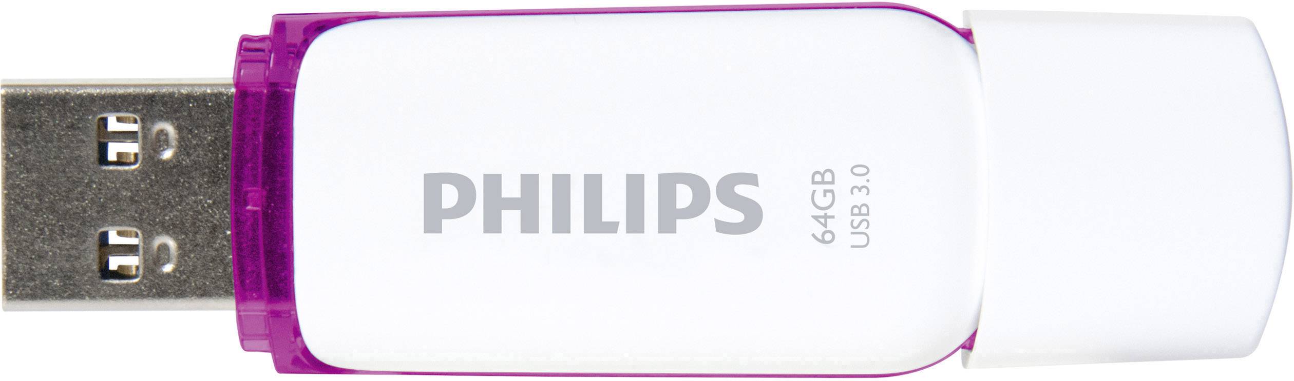 Een Philips USB-stick met 64 GB opslagcapaciteit en USB 3.0-aansluiting, behuizing in wit en roze.