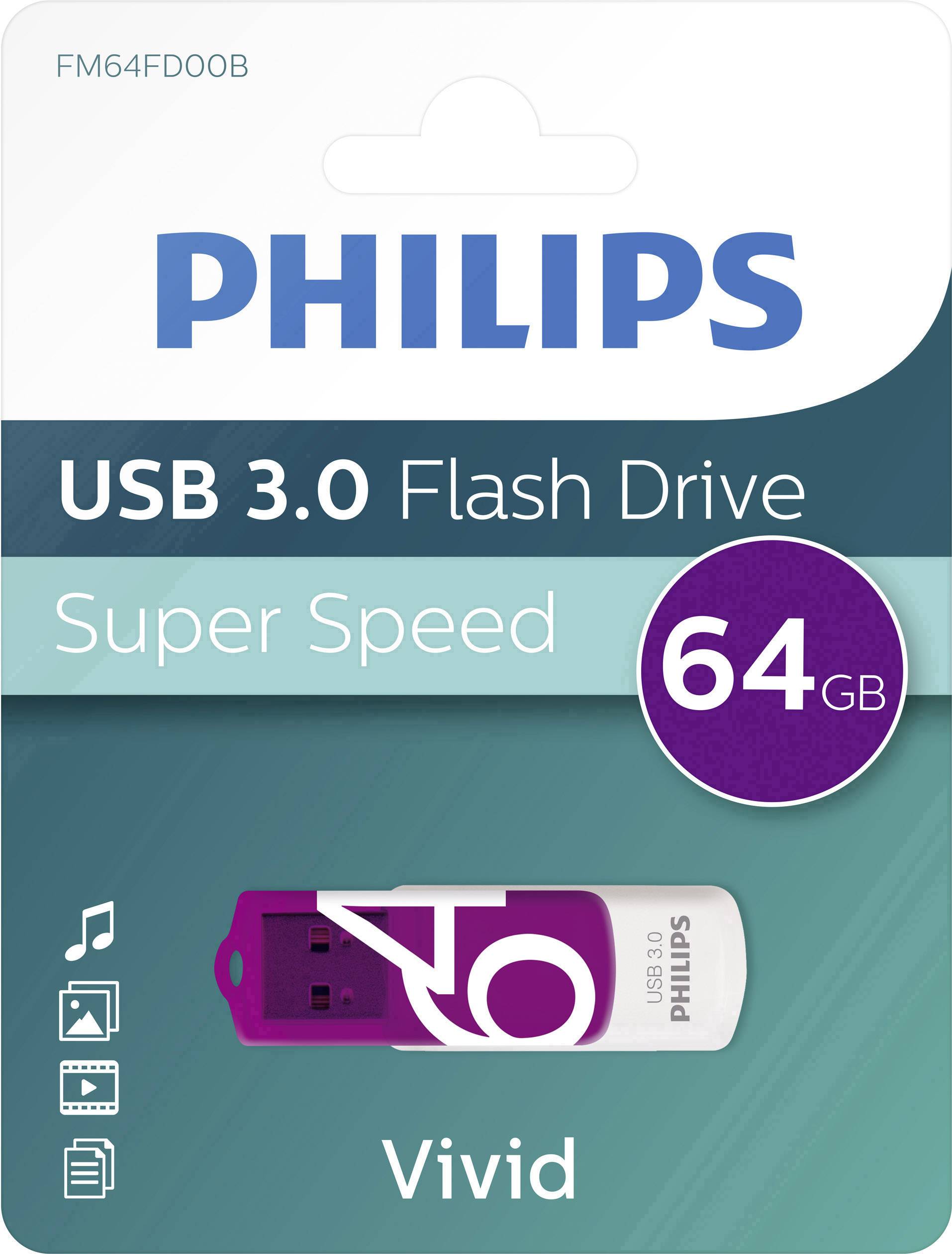 Philips 64GB USB 3.0 Flash Drive in paars en wit op blauwe achtergrond, gemarkeerd als 'Super Speed'.