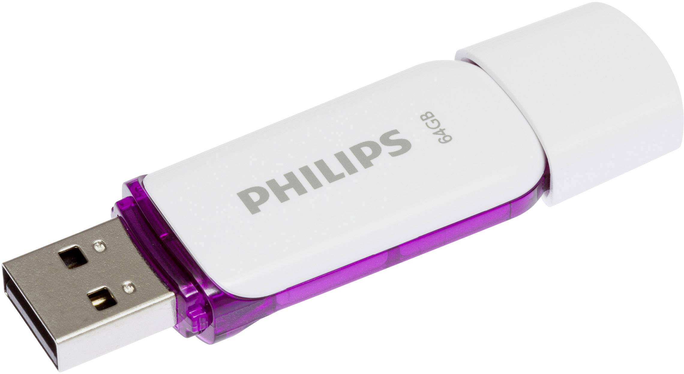 Een witte USB-stick van het merk Philips met 8 GB capaciteit, heeft een paars transparante zijde en een afneembare dop.
