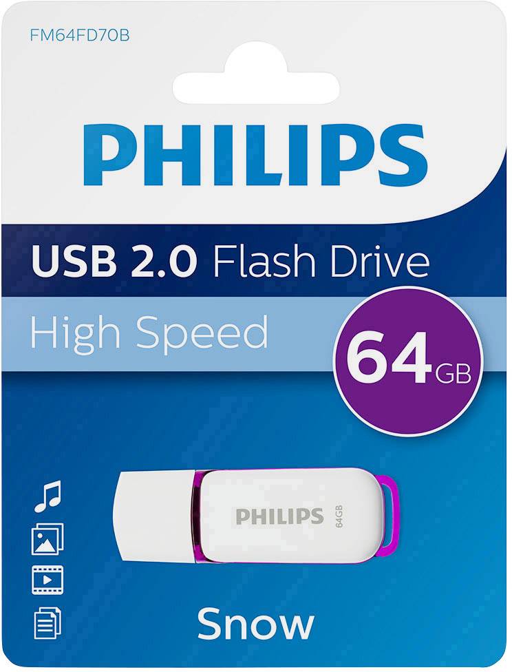Philips USB 2.0 Stick, 64 GB, snelle gegevensoverdracht, modelnaam 'Snow', afgebeeld op verpakking.