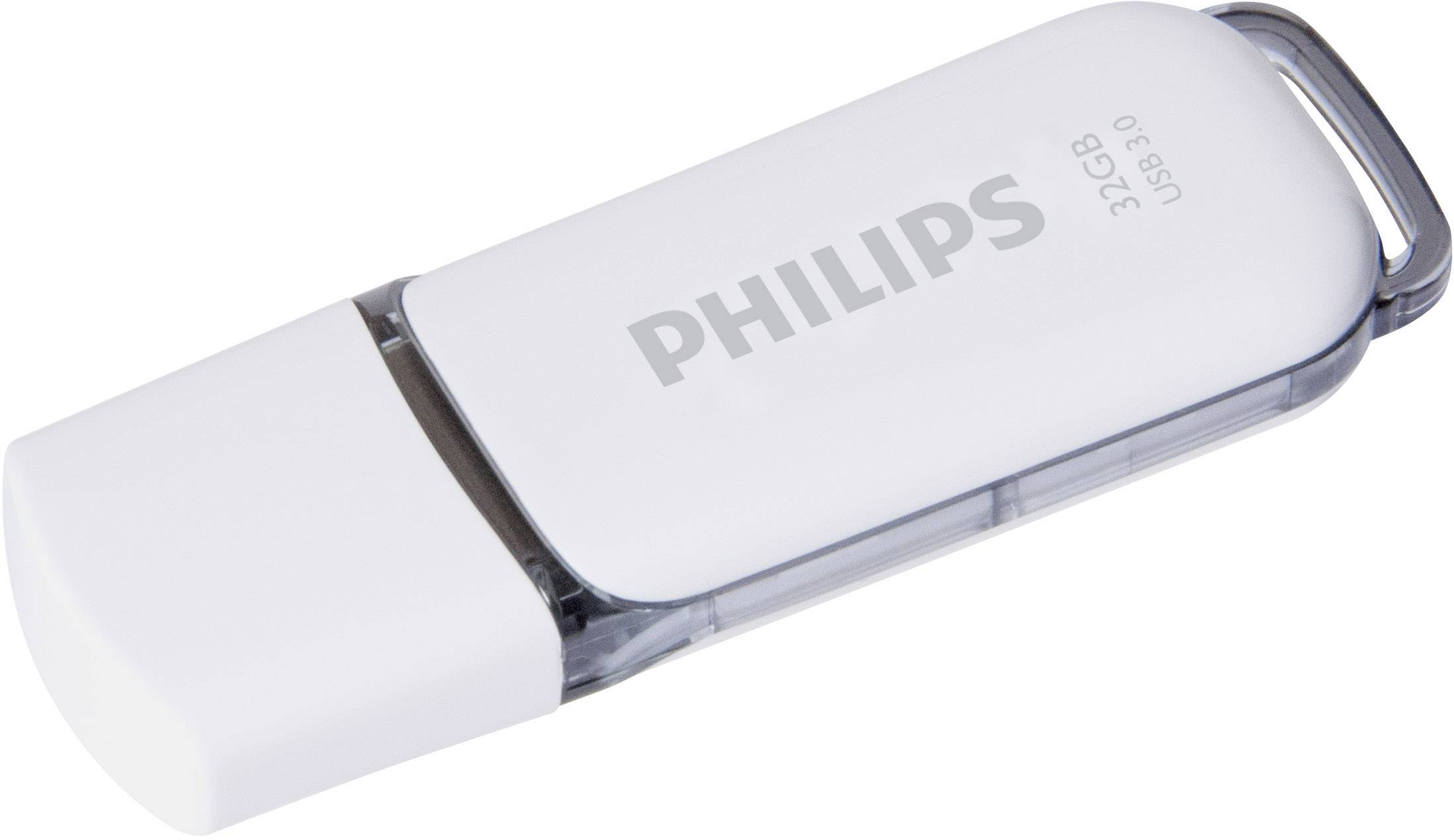 Een witte Philips USB-stick met 32 GB opslagcapaciteit ligt op een wit oppervlak.