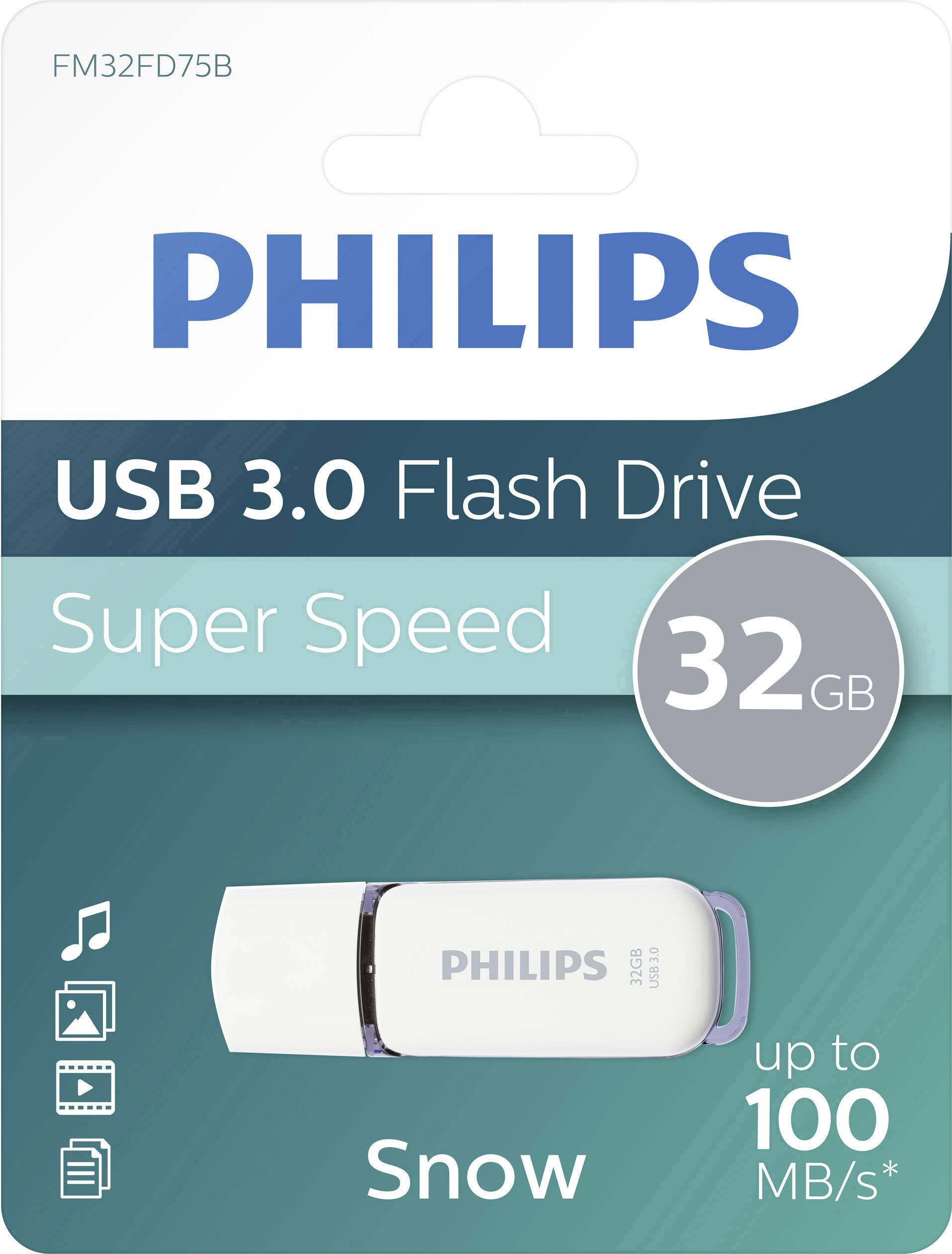 USB 3.0-flashdrive van Philips, Super Speed, 32 GB, model 'Snow', gegevensoverdracht tot 100 MB/s.