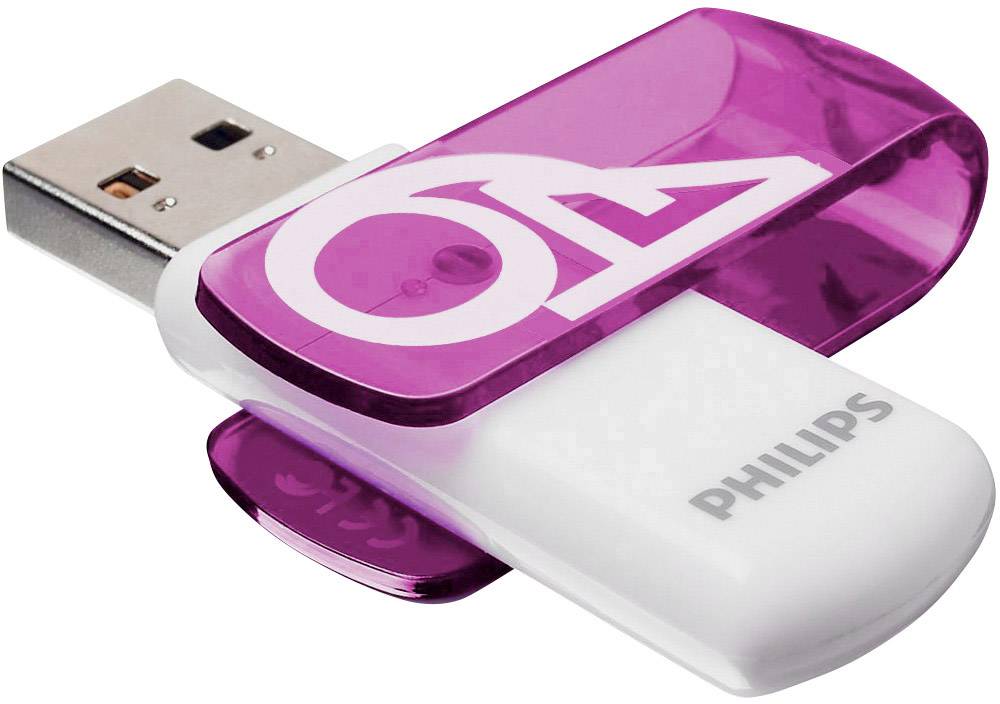 Een paars-witte USB-stick van Philips met een transparante dop.