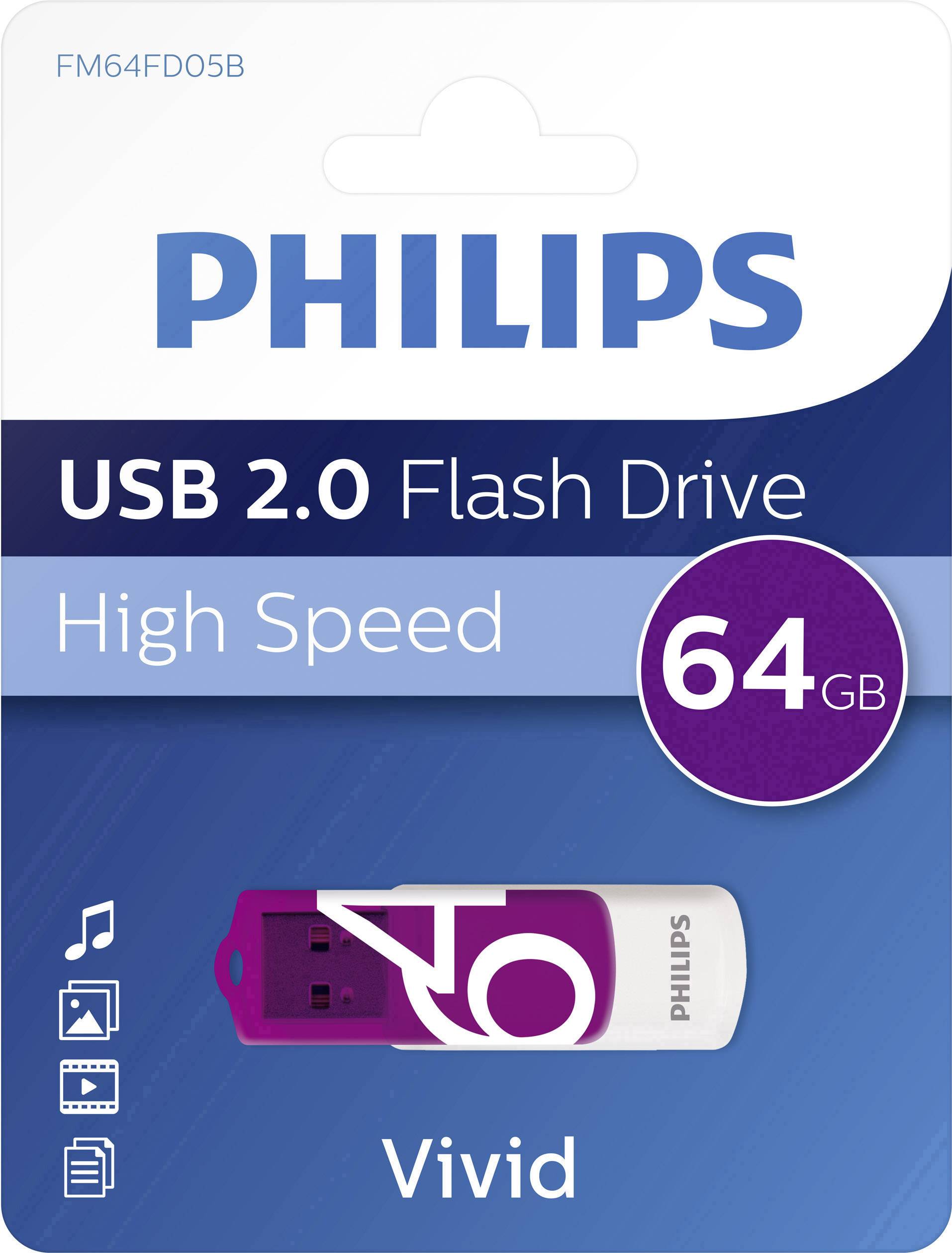 'Philips USB 2.0 Flash Drive, 64 GB, High Speed, Vivid.' Verpakking met afbeelding van de USB-stick in Paars en Wit.