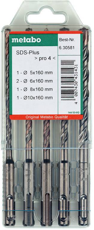 Een Metabo SDS-Plus boorbitset in duidelijk plastic verpakking, gelabeld 'pro 4', met vier boren in de maten 5x160 mm, 6x160 mm, 8x160 mm en 10x160 mm.