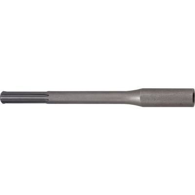 Een metalen handgereedschap met een afgeronde schacht en een geribd, plat werkend uiteinde, horizontaal op een witte achtergrond afgebeeld.