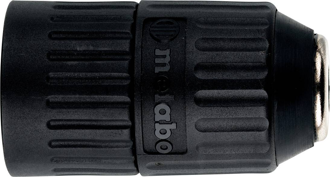 Zwart gegroefde metalen gereedschahouder of adapter met 'metabo' logo, in close-up op een witte achtergrond weergegeven.