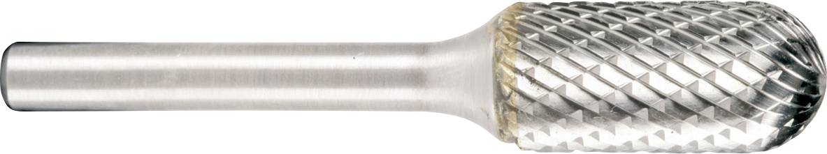Zilveren metalen roterende fraise met een afgerond, kruislings geslepen snijkop en lange cilindrische schacht, weergegeven op een witte achtergrond.