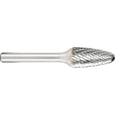 Een metalen roterende frees met een cilindrische schacht en een conisch geslepen, diamantpatroon snijkop.