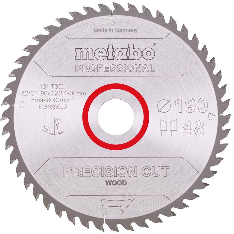 Een circulaire Metabo Professional precisie zaagblad voor hout met een rode middelring, gelabeld '190' en '48', weergegeven op een witte achtergrond.