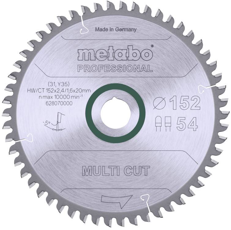 Circulaire Metabo Professional zaagblad voor meerdere sneden met metalen tanden, gelabeld 'Made in Germany', 'Ø152', '54', en 'MULTI CUT'.