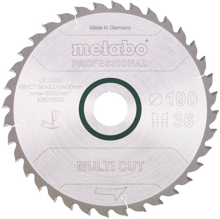 Cirkelzaagblad Metabo Professional Multi Cut met 190 mm doorsnede, 36 tanden en Duitse fabricage-etikettering.