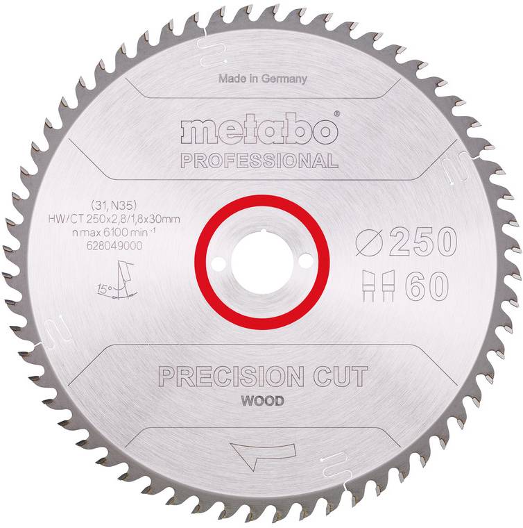 Zilveren Metabo Professional cirkelzaagblad gelabeld 'Precision Cut Wood,' 250 mm diameter met 60 tanden en rood middelring.
