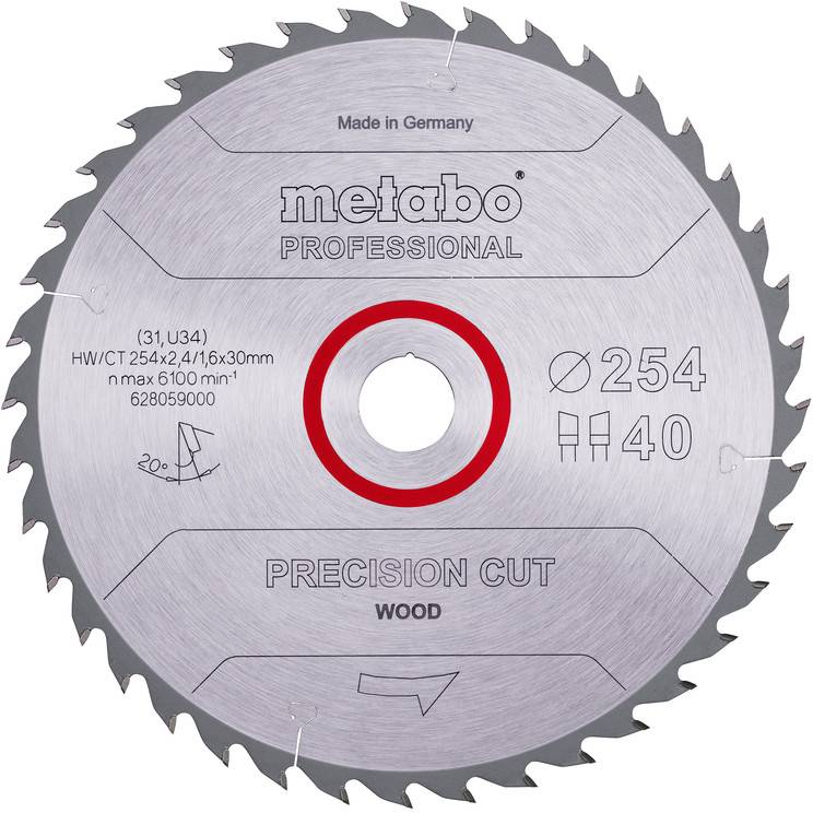 Metabo Professioneel cirkelzaagblad voor hout, gelabeld 'Precision Cut'; 254 mm doorsnede, 40 tanden, gemaakt in Duitsland.