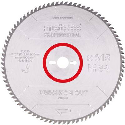 Cirkelzaagblad Metabo Professional met nauwkeurige houtsnede, met rode centrumring, gemarkeerd met 315 mm diameter en 84 tanden.