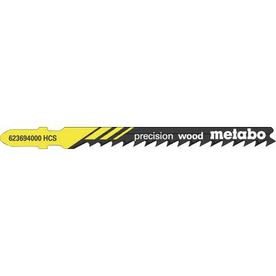Geel-zwart waarschuwingsstijl banner met de tekst '62369400 HCS', 'precision wood', en 'metabo'.