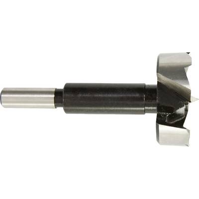 Close-up van een metalen snijdende boor of boortool met een zwarte schacht en zilveren punt op een witte achtergrond.